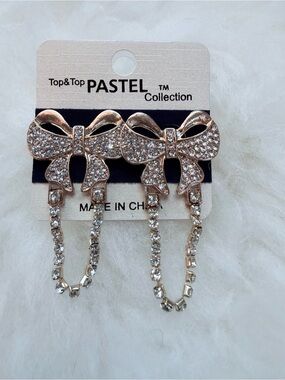 Vintage Style Gold Tone Bow and Rhinestone Dangle Earrings